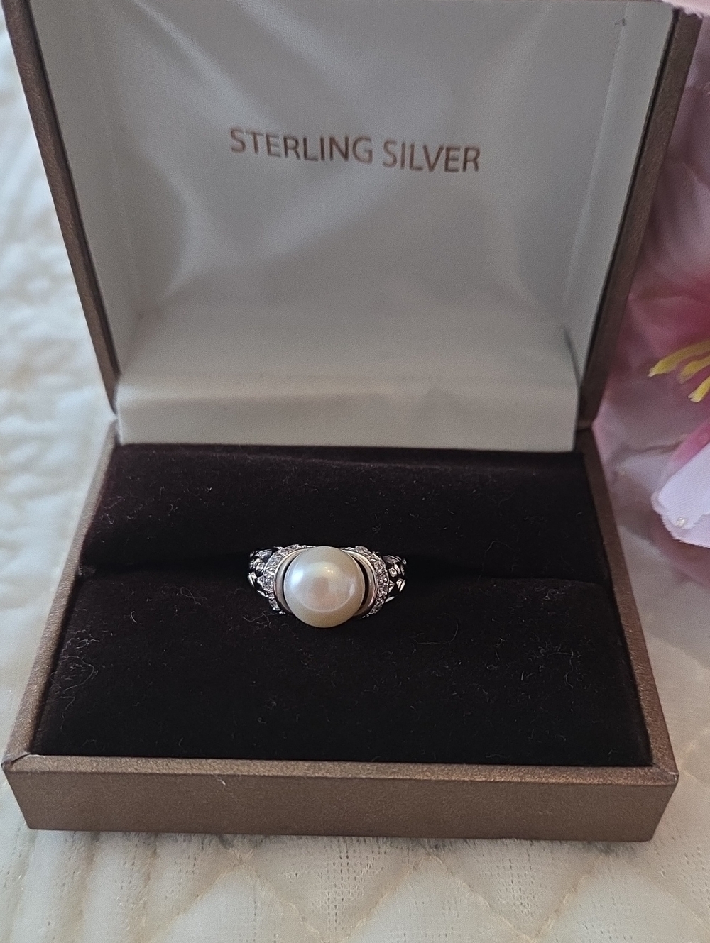 Sterling Silver 925 Stamp Pearl Ring - Classic White Faux Pearl